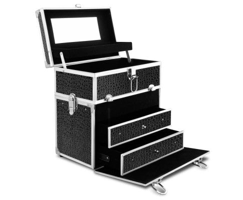 Embellir Portable Cosmetic Beauty Makeup Carry Case with Mirror - Crocodile Black