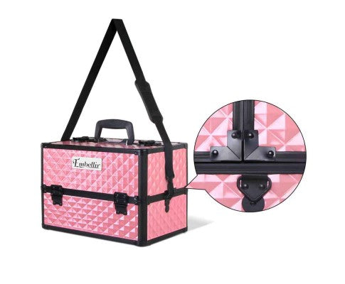 Embellir Portable Cosmetic Beauty Makeup Case with Mirror - Diamond Pink